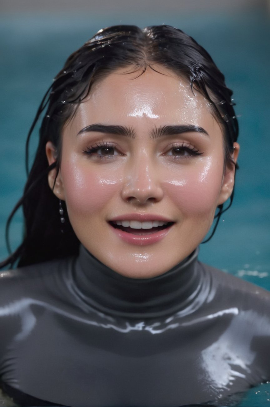 Daniella Pineda, emerging from the water. Her head and shoulders are visible above the surface of water. She looks surprised but laughing, her dark grey turtleneck top wet and clinging to her, with water droplets sparkling around her. She is in the middle of an indoor pool and splashes from her emergence, fully drenched, dripping wet, wet hair, face wet, face drenched