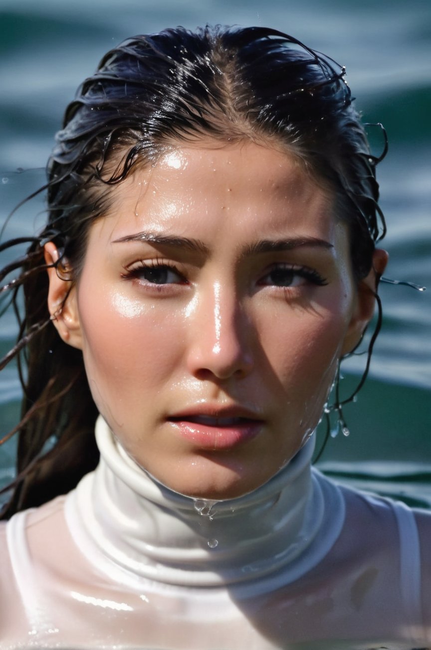 Dichen Lachman, emerging from the water. Her head and shoulders are visible above the surface of water. She looks scared and sad, her white turtleneck top wet and clinging to her, with water droplets sparkling around her. She is in the middle of a cold ocean and splashes from her emergence, fully drenched, dripping wet, wet hair, face wet, face drenched