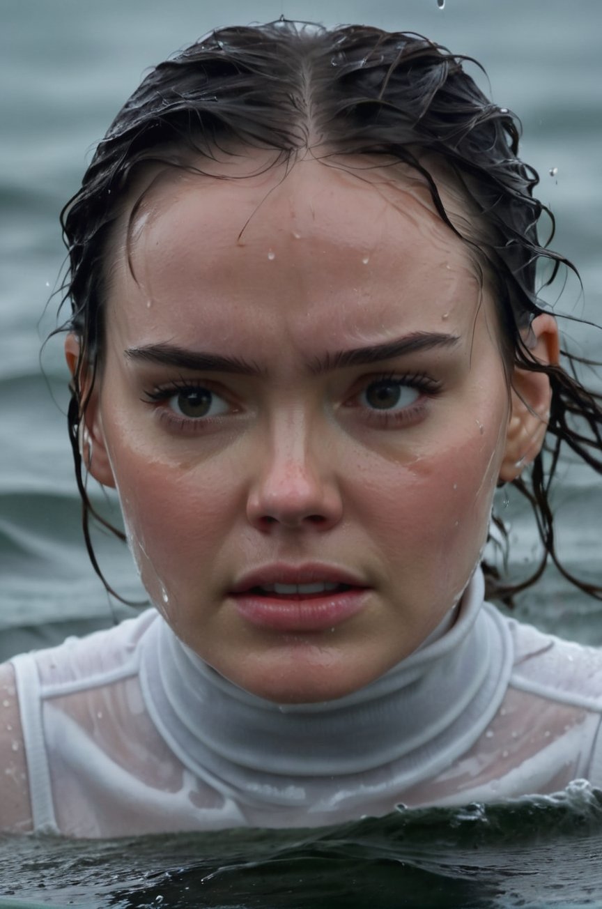 Daisy Ridley, emerging from the water. Her head and shoulders are visible above the surface of water. She looks scared and sad, her white turtleneck top wet and clinging to her, with water droplets sparkling around her. She is in the middle of a cold ocean and splashes from her emergence, fully drenched, dripping wet, wet hair, face wet, face drenched