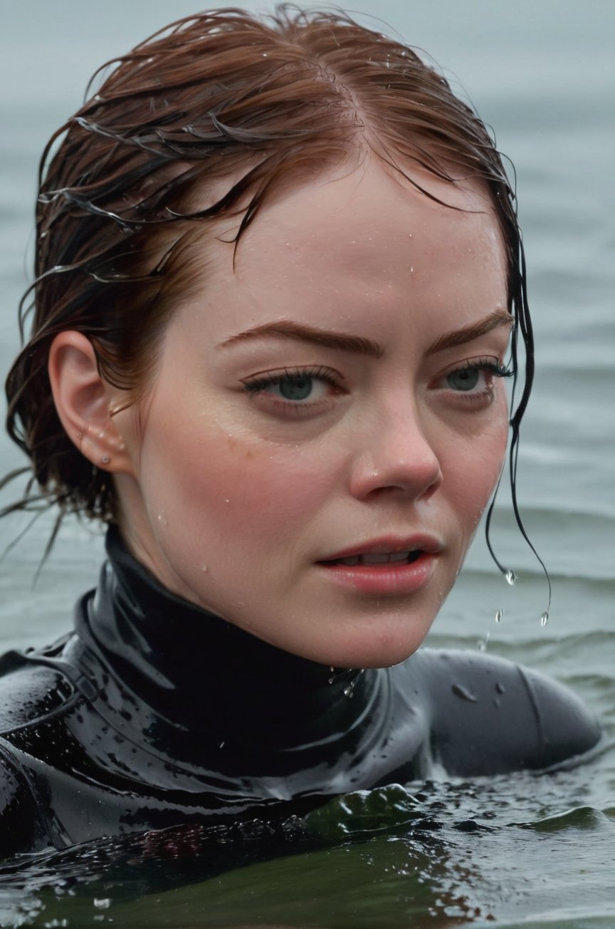 Emma Stone, emerging from the water. Her head and shoulders are visible above the surface of water. She looks scared and exhausted, her black turtleneck top wet and clinging to her, with water droplets sparkling around her. She is in the middle of a cold ocean and splashes from her emergence, fully drenched, dripping wet, wet hair, face wet, face drenched