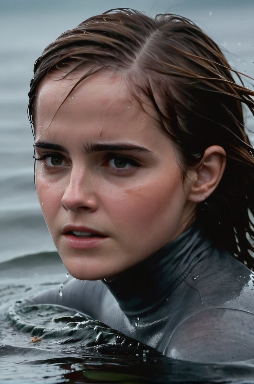 Emma Watson, emerging from the water. Her head and shoulders are visible above the surface of water. She looks scared and exhausted, her dark grey turtleneck top wet and clinging to her, with water droplets sparkling around her. She is in the middle of a cold ocean and splashes from her emergence, fully drenched, dripping wet, wet hair, face wet, face drenched