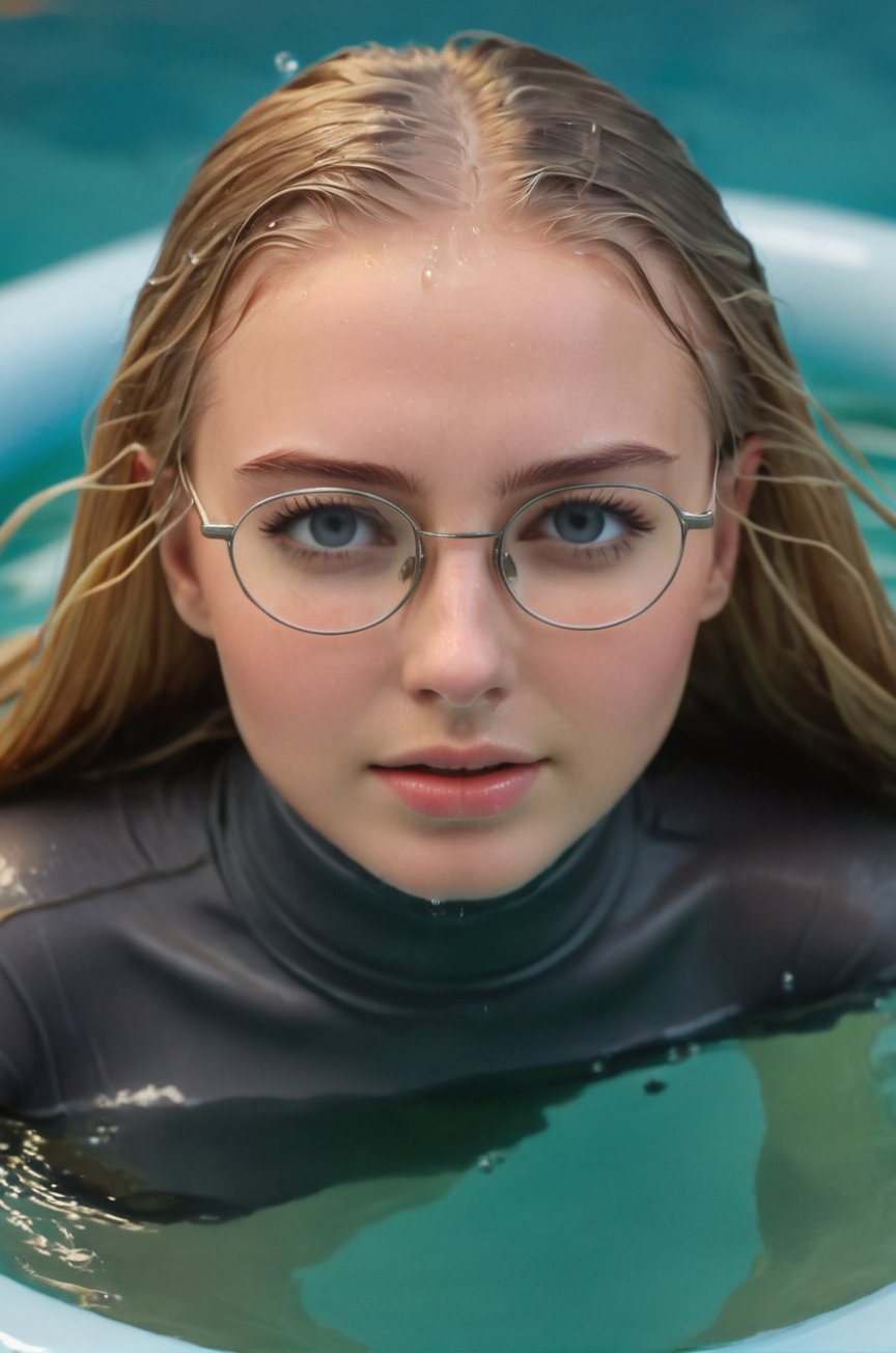 A young woman, 18 years old, a smooth, oval face with soft features, fair skin, almond eyes, blue eyes, glasses on, blonde hair, super long hair, hair floating aroud her, perfect eyes, emerging from the water. Her head and shoulders are visible above the surface of water. She looks surprised but happy, her dark grey turtleneck top wet and clinging to her, with water droplets sparkling around her. She is gasping for air. She is in the middle of a pool and splashes from her emergence,fully drenched, dripping wet, wet hair, face wet, face drenched