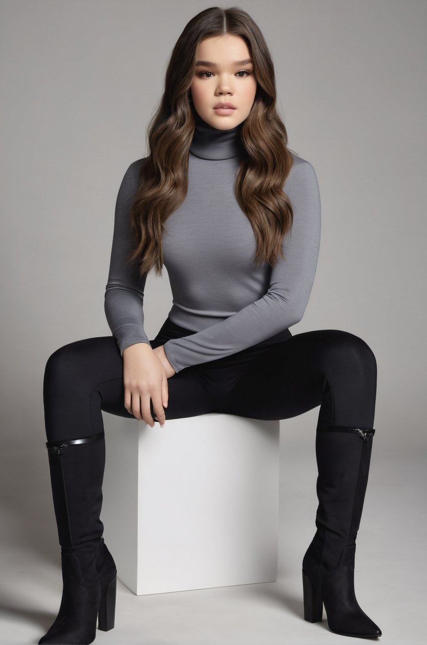 Hailee Steinfeld, posing for a photoshooting, wearing a grey turtleneck long sleeve tight top and a black sport legging, mid calf boots, super long hair, brown hair, model body posture, sexy facial expression 