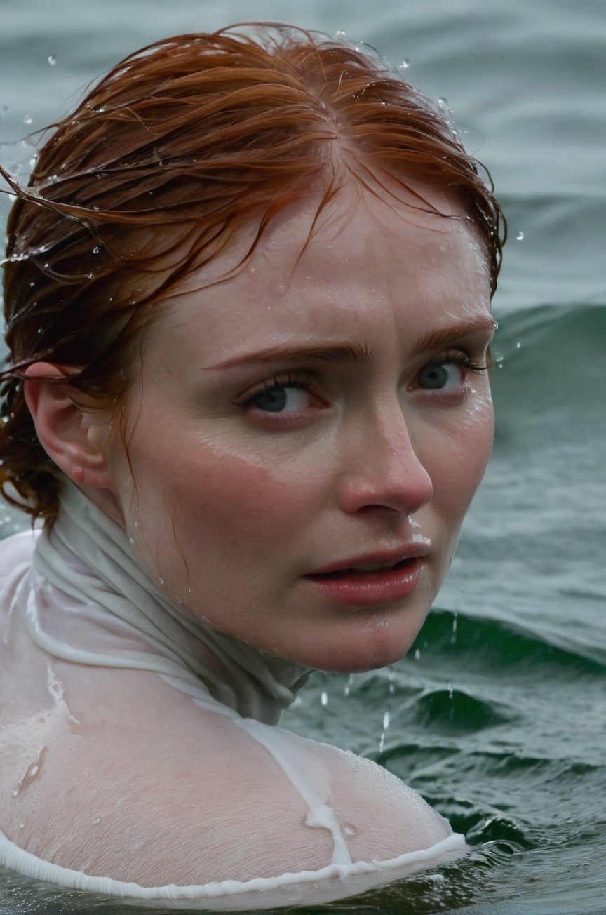 Bryce Dallas Howard, emerging from the water. Her head and shoulders are visible above the surface of water. She looks scared and sad, her white turtleneck top wet and clinging to her, with water droplets sparkling around her. She is in the middle of a cold ocean and splashes from her emergence, fully drenched, dripping wet, wet hair, face wet, face drenched