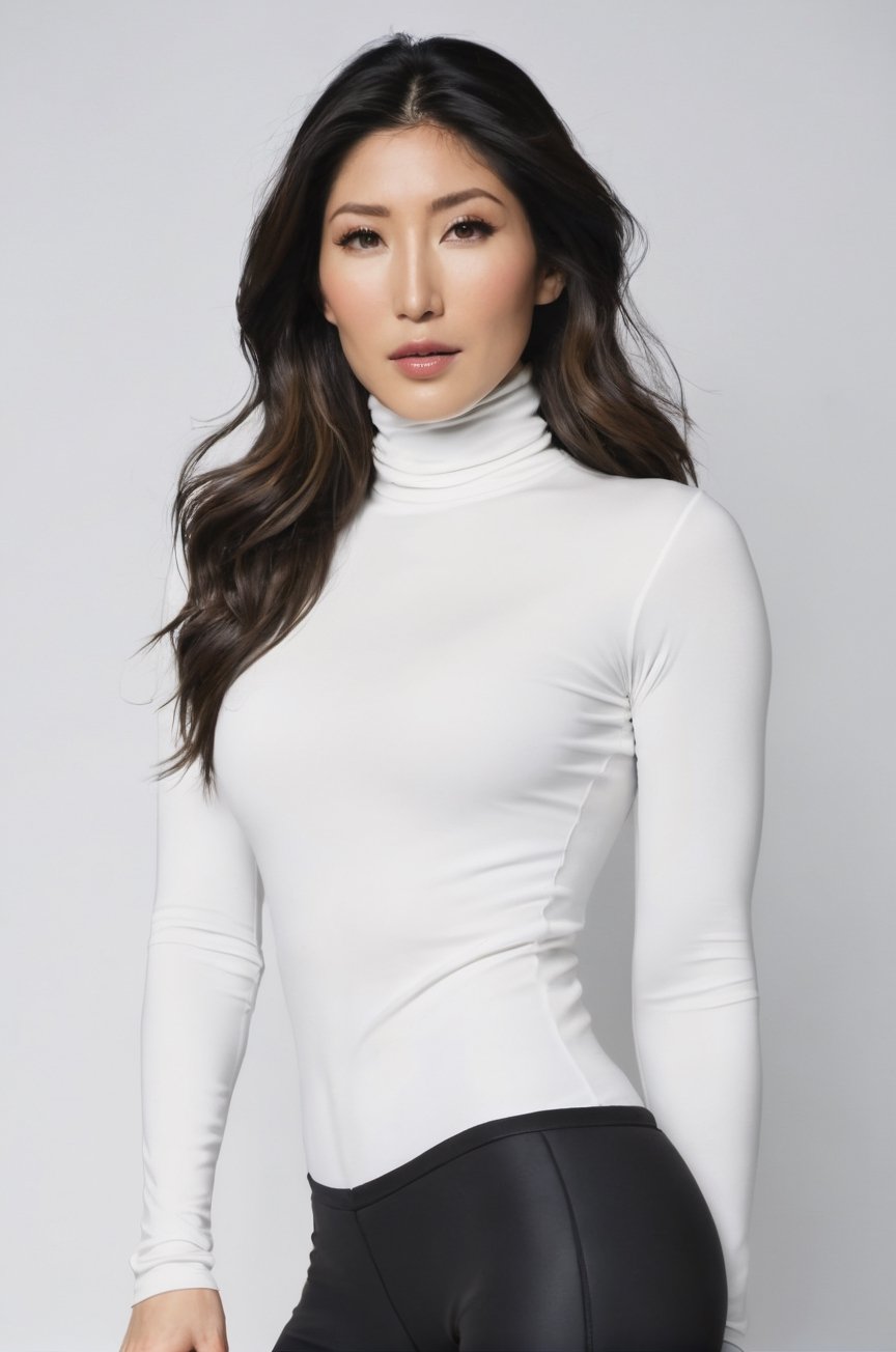 Dichen Lachman, posing for a photoshooting, wearing a white turtleneck long sleeve tight top and a black sport legging, mid calf boots, long hair, black hair, model body posture, sexy facial expression