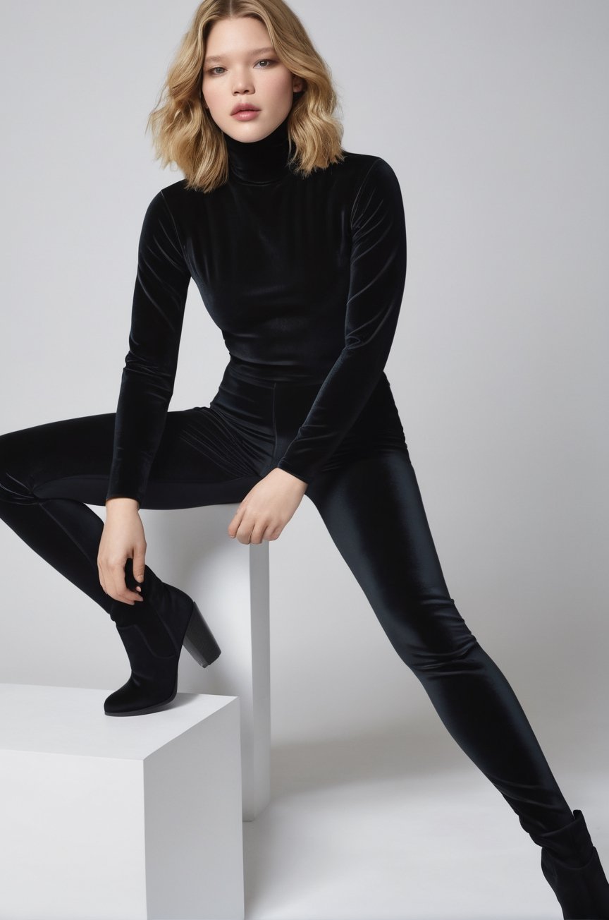 Léa Seydoux, posing for a photoshooting, wearing a black velvet turtleneck long sleeve tight top and a black sport legging, mid calf boots, long hair, model body posture, sexy facial expression