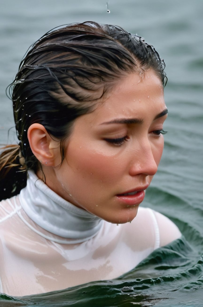 Dichen Lachman, emerging from the water. Her head and shoulders are visible above the surface of water. She looks panicked and sad, her white turtleneck top wet and clinging to her, with water droplets sparkling around her. She is gasping for air. She is in the middle of a cold ocean and splashes from her emergence, fully drenched, dripping wet, wet hair, face wet, face drenched