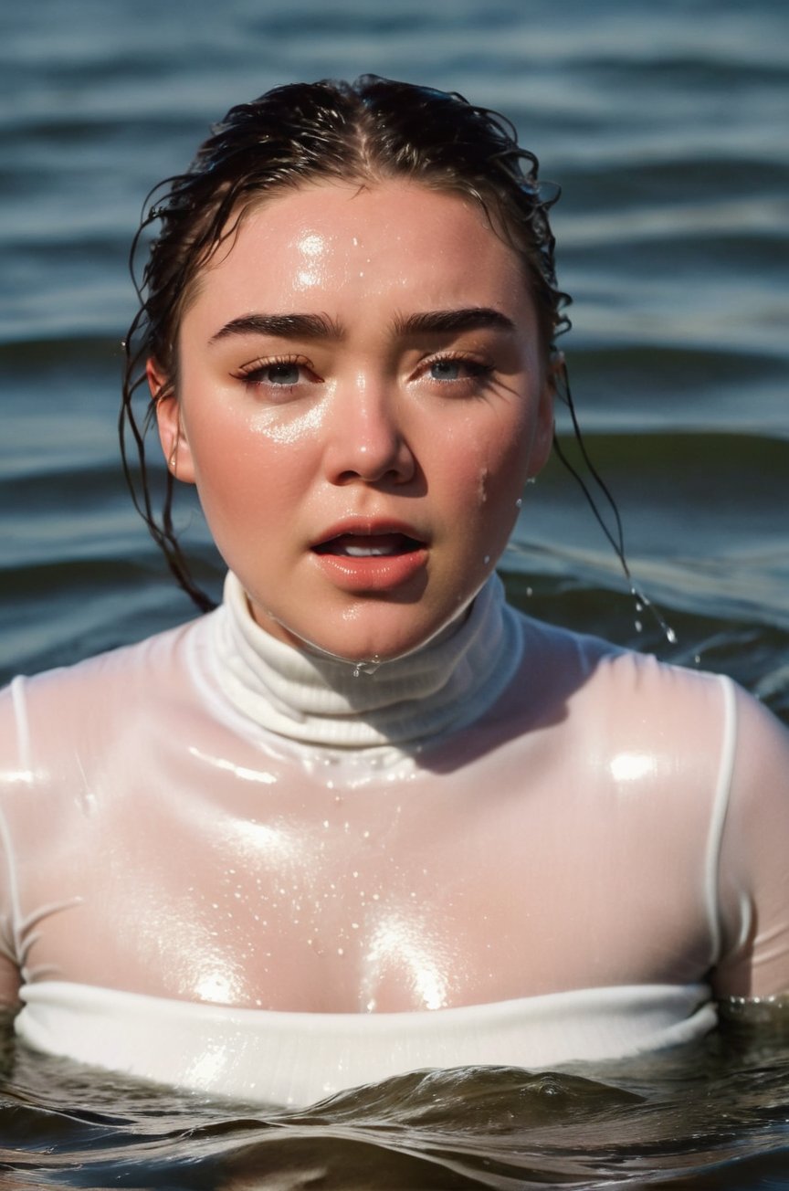 Florence Pugh, emerging from the water. Her head and shoulders are visible above the surface of water. She looks panicked and disoriented, her white turtleneck top wet and clinging to her, with water droplets sparkling around her. She is screaming for help. She is in the middle of a cold ocean and splashes from her emergence, fully drenched, dripping wet, wet hair, face wet, face drenched