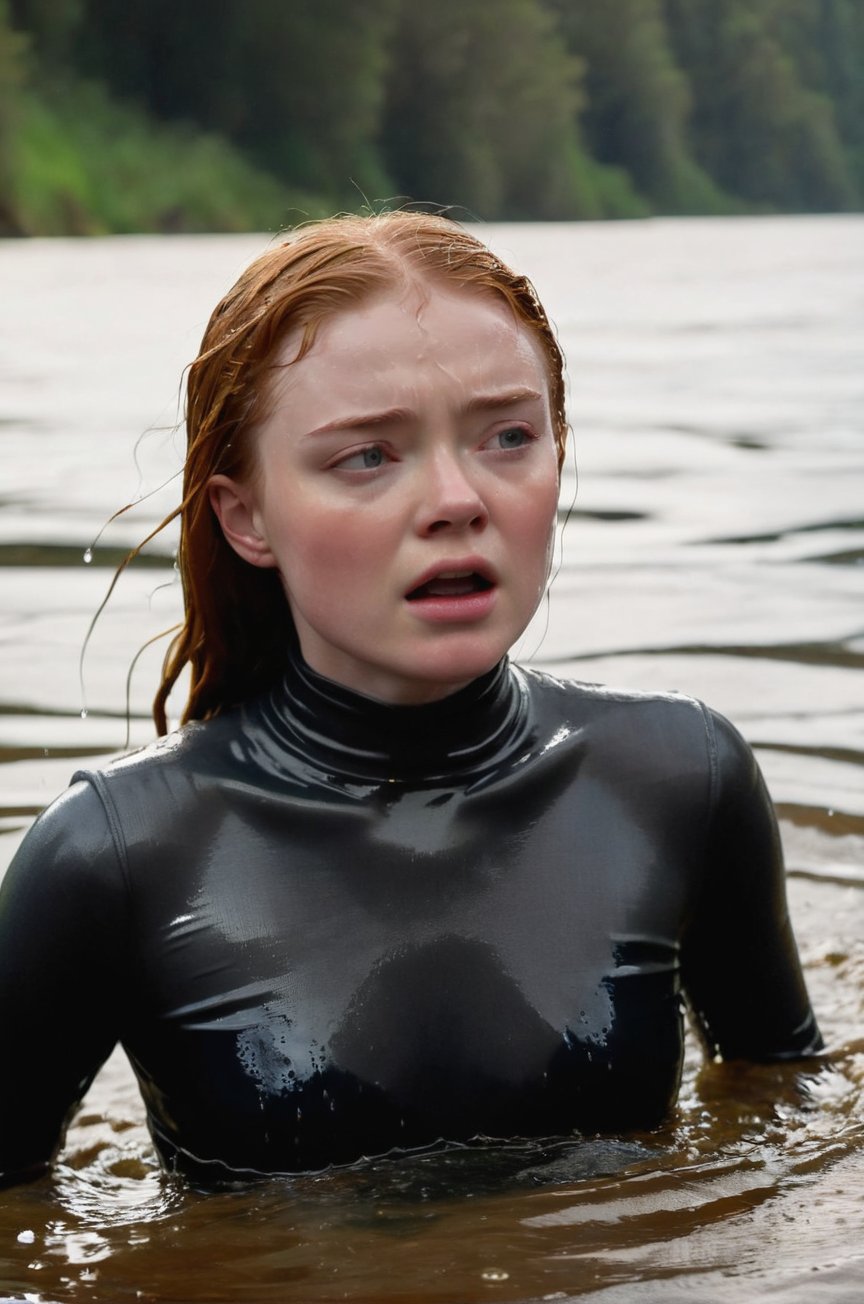 Sadie Sink, emerging from the water. Her head and shoulders are visible above the surface of water. She looks scared and sad, her dark grey turtleneck top wet and clinging to her, with water droplets sparkling around her. She is gasping for air. She is screaming for help. She is in the middle of an underground river and splashes from her emergence, fully drenched, dripping wet, wet hair, face wet, face drenched