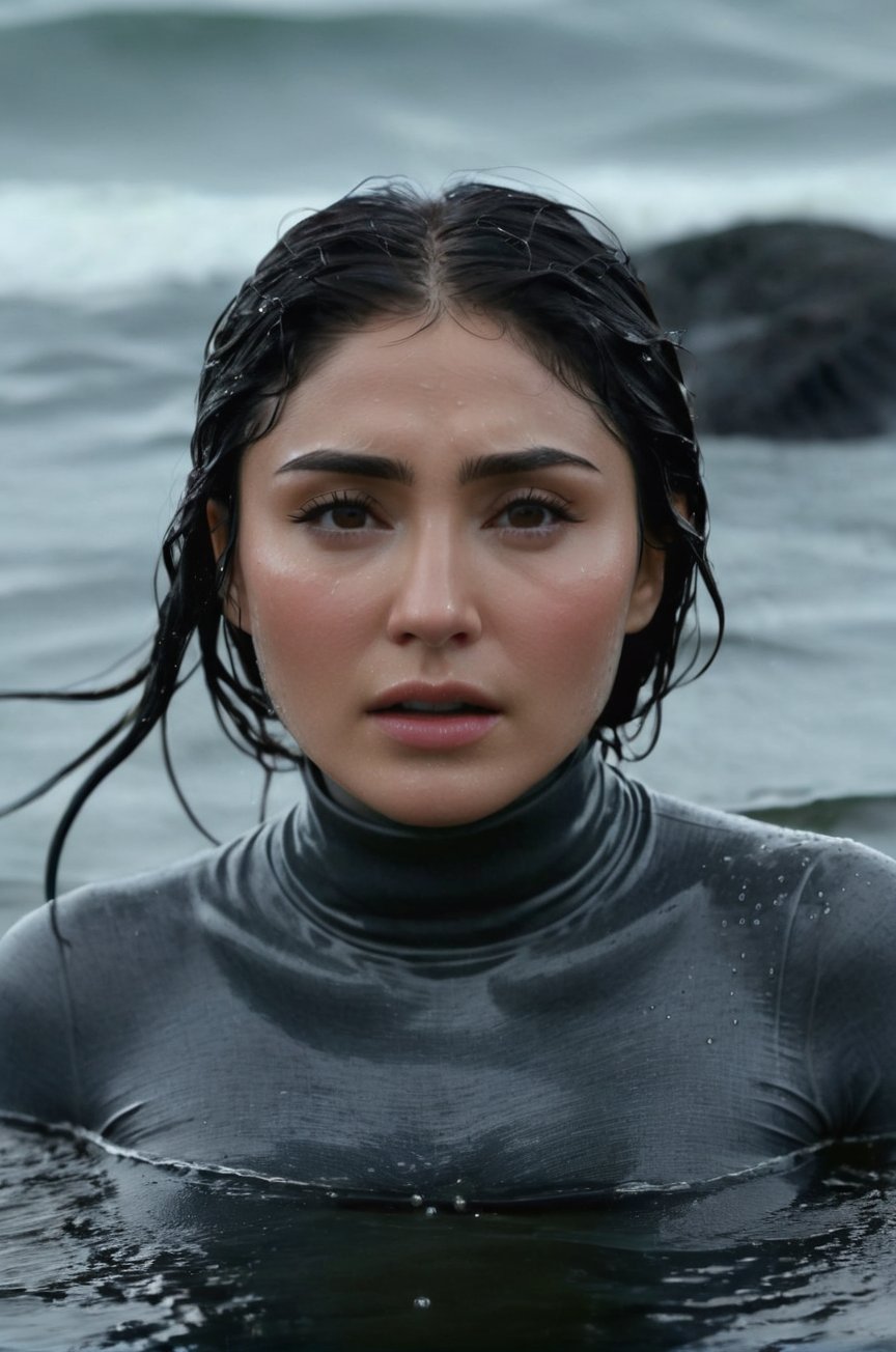 Daniella Pineda, emerging from the water. Her head and shoulders are visible above the surface of water. She looks scared and sad, her dark grey turtleneck top wet and clinging to her, with water droplets sparkling around her. She is in the middle of a cold ocean and splashes from her emergence. 