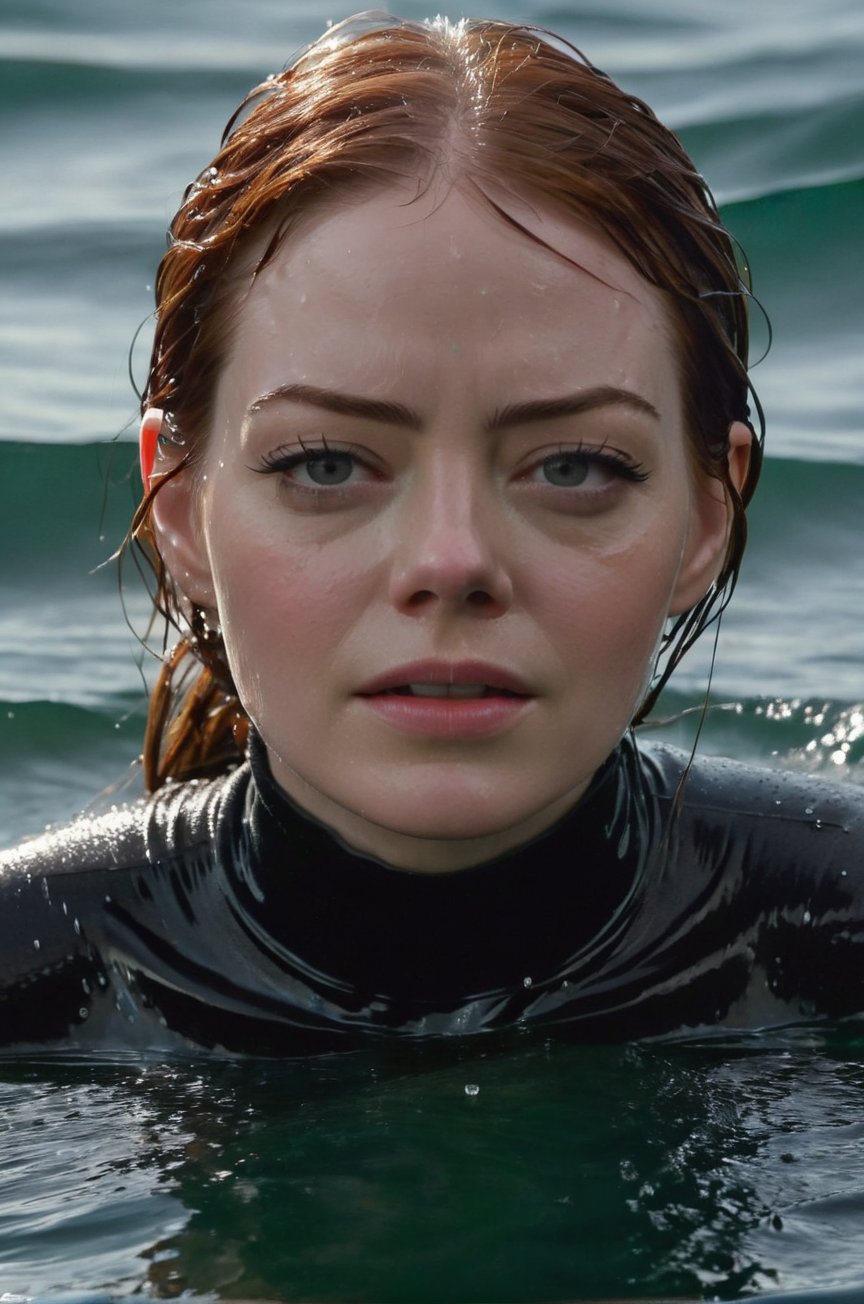 Emma Stone, emerging from the water. Her head and shoulders are visible above the surface of water. She looks scared and sad, her black turtleneck top wet and clinging to her, with water droplets sparkling around her. She is gasping for air. She is in the middle of a cold ocean and splashes from her emergence, fully drenched, dripping wet, wet hair, face wet, face drenched