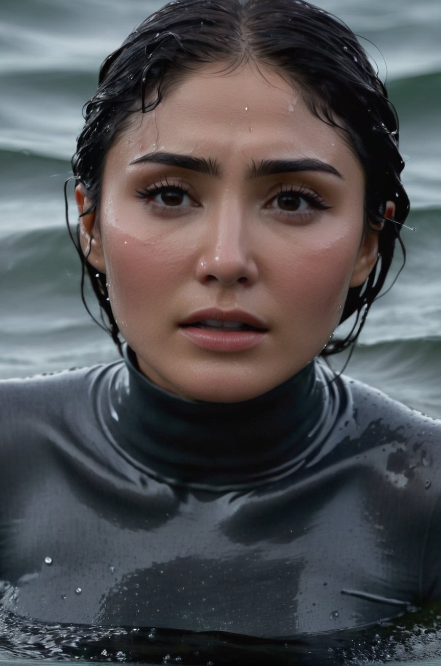 Daniella Pineda, emerging from the water. Her head and shoulders are visible above the surface of water. She looks scared and sad, her dark grey turtleneck top wet and clinging to her, with water droplets sparkling around her. She is in the middle of a cold ocean and splashes from her emergence. 