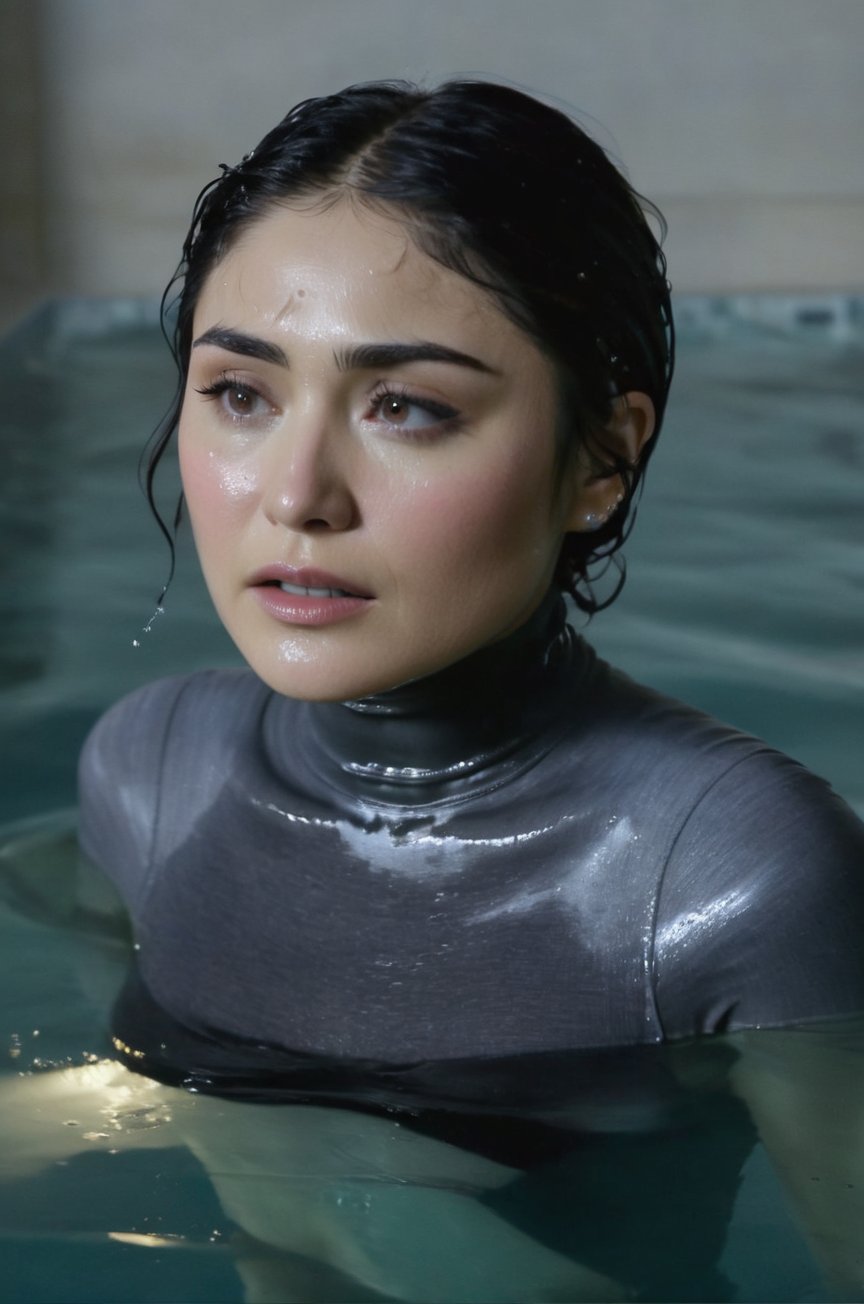 Daniella Pineda, emerging from the water. Her head and shoulders are visible above the surface of water. She looks scared and sad, her dark grey turtleneck top wet and clinging to her, with water droplets sparkling around her. She is in the middle of an indoor pool and splashes from her emergence. 