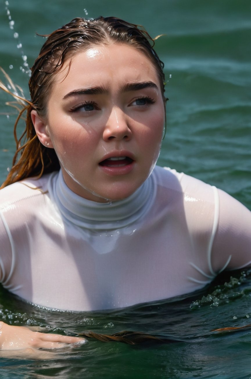 Florence Pugh, emerging from the water. Her head and shoulders are visible above the surface of water. She looks panicked and disoriented, her white turtleneck top wet and clinging to her, with water droplets sparkling around her. She is screaming for help. She is in the middle of a cold ocean and splashes from her emergence, fully drenched, dripping wet, wet hair, face wet, face drenched