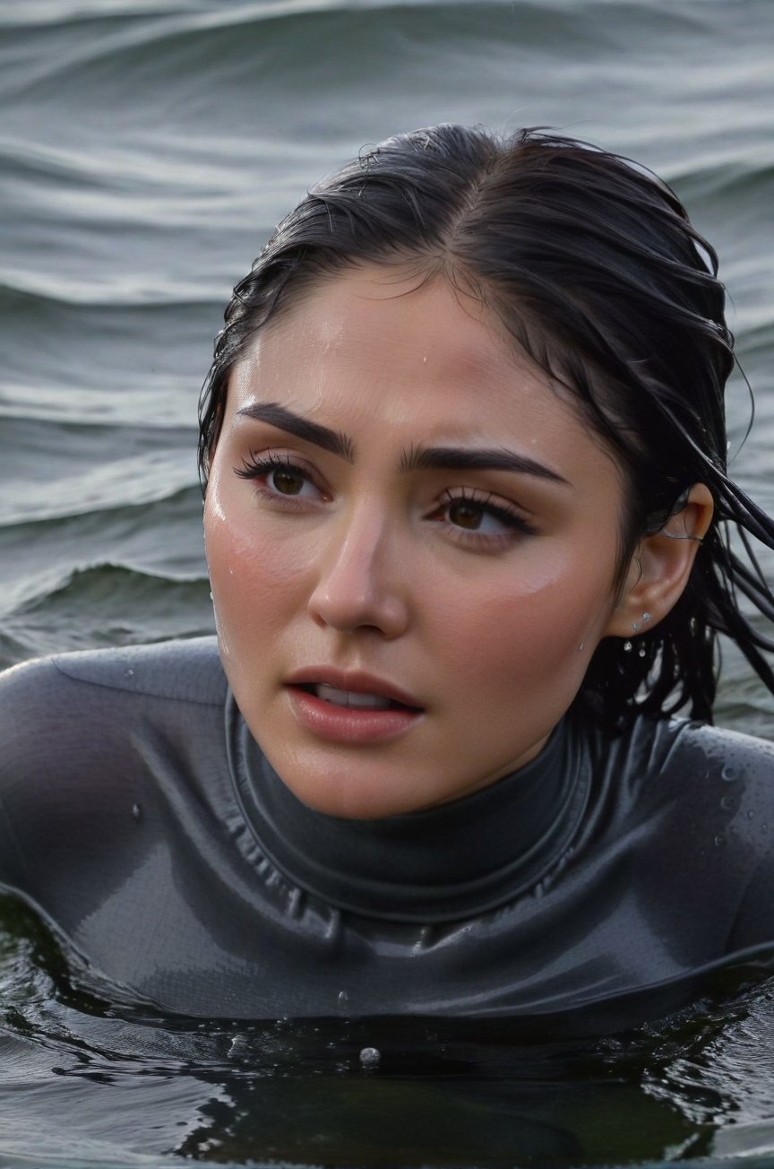 Daniella Pineda, emerging from the water. Her head and shoulders are visible above the surface of water. She looks scared and sad, her dark grey turtleneck top wet and clinging to her, with water droplets sparkling around her. She is gasping for air. She is in the middle of a cold ocean and splashes from her emergence, fully drenched, dripping wet, wet hair, face wet, face drenched