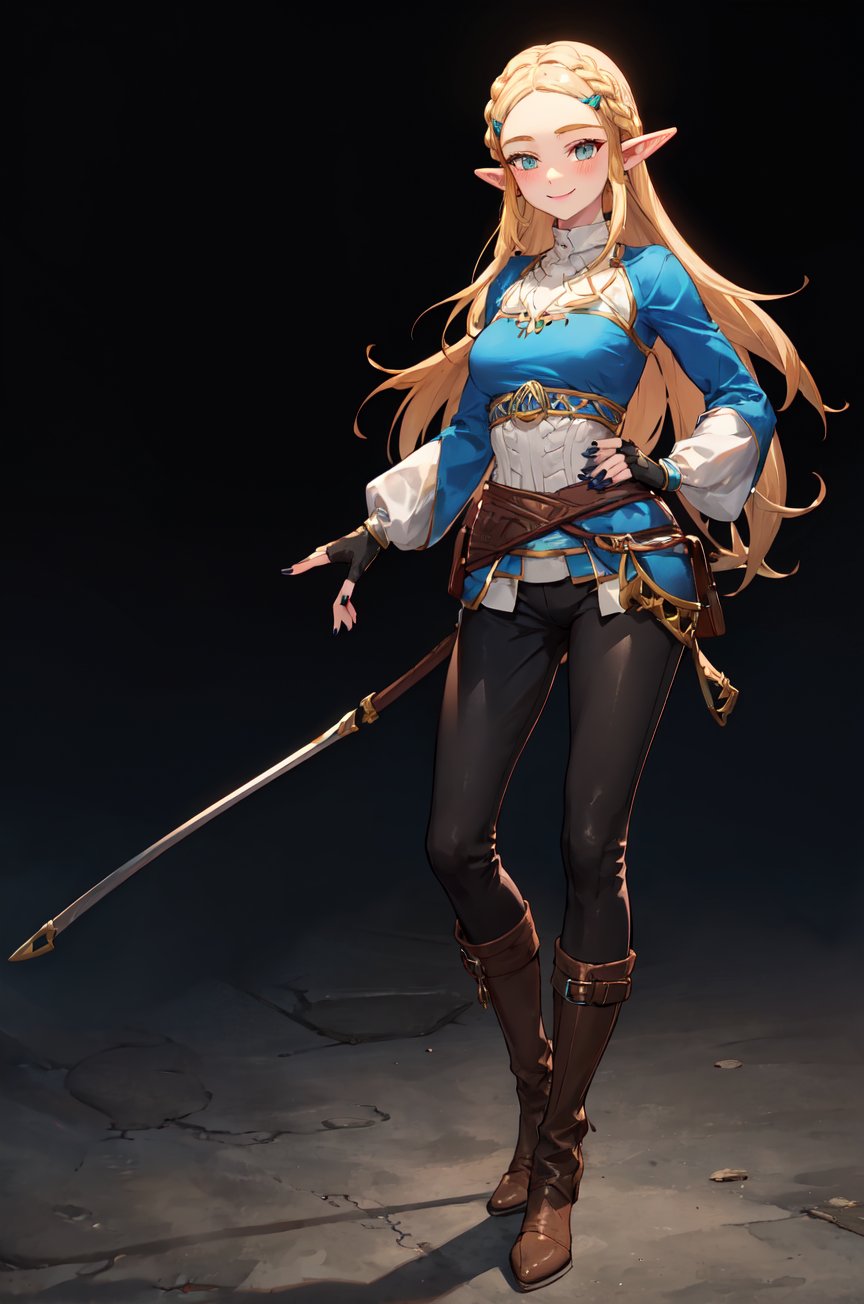aazelda, super long hair, hair cascading to the waist, pointy ears, blue shirt, long sleeves, fingerless gloves, black gloves, black pants, tight pants, blue nails, looking at the camera smile, blushing, mid-calf boots, full body picture 
