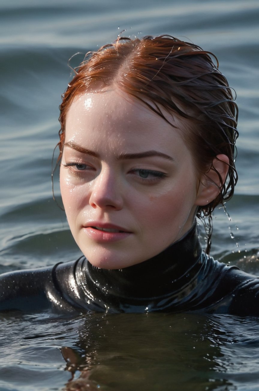 Emma Stone, emerging from the water. Her head and shoulders are visible above the surface of water. She looks scared and sad, her black turtleneck top wet and clinging to her, with water droplets sparkling around her. She is gasping for air. She is in the middle of a cold ocean and splashes from her emergence, fully drenched, dripping wet, wet hair, face wet, face drenched