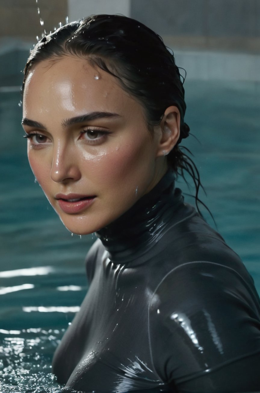 Gal Gadot, emerging from the water. Her head and shoulders are visible above the surface of water. She looks relaxed, her dark grey turtleneck top wet and clinging to her, with water droplets sparkling around her. She is in the middle of an indoor pool and splashes from her emergence, fully drenched, dripping wet, wet hair, face wet, face drenched