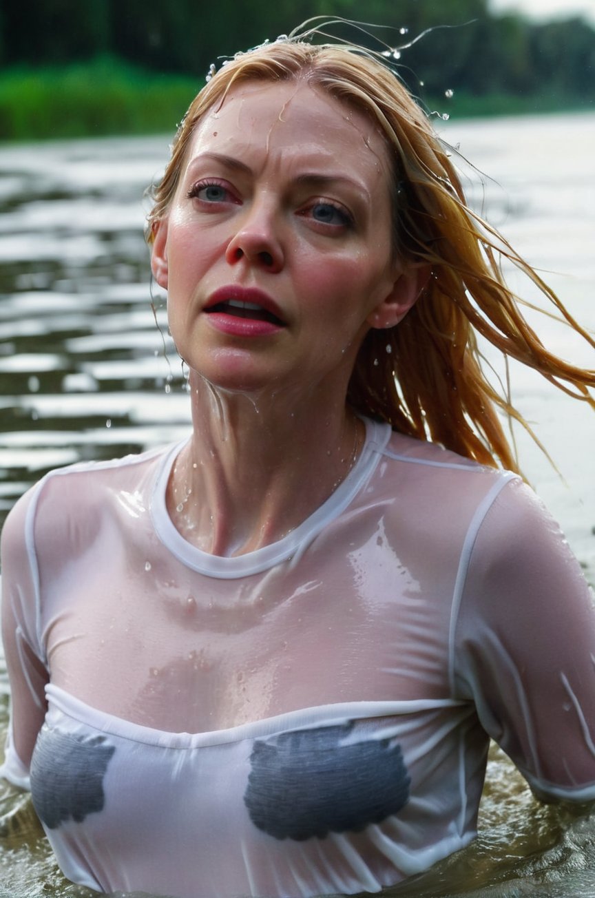 Riki Lindhome, emerging from the water. Her head and shoulders are visible above the surface of water. She looks scared and hopeless, her white shirt wet and clinging to her, with water droplets sparkling around her. She is gasping for air. She is in the middle of a flooded street and splashes from her emergence, fully drenched, dripping wet, wet hair, face wet, face drenched