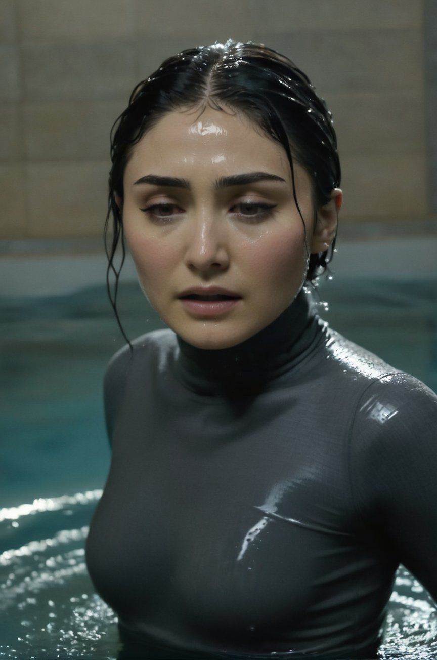 Daniella Pineda, emerging from the water. Her head and shoulders are visible above the surface of water. She looks scared and sad, her dark grey turtleneck top wet and clinging to her, with water droplets sparkling around her. She is in the middle of an indoor pool and splashes from her emergence. 