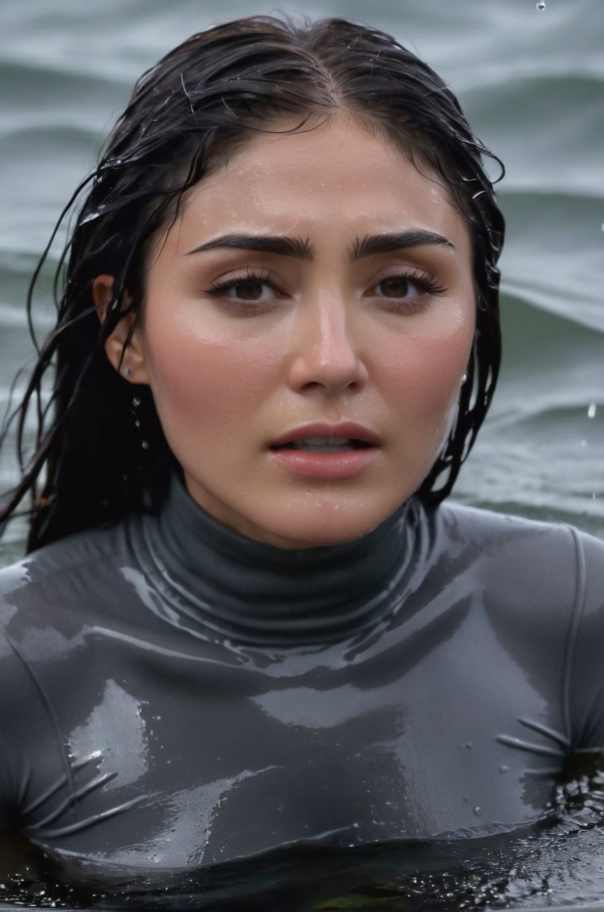 Daniella Pineda, emerging from the water. Her head and shoulders are visible above the surface of water. She looks scared and exhausted, her dark grey turtleneck top wet and clinging to her, with water droplets sparkling around her. She spits water. She is in the middle of a cold ocean and splashes from her emergence, fully drenched, dripping wet, wet hair, face wet, face drenched