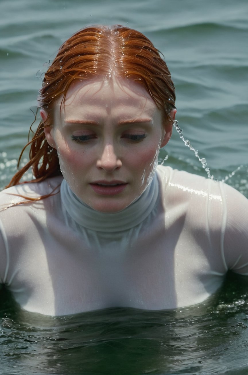 Bryce Dallas Howard, emerging from the water. Her head and shoulders are visible above the surface of water. She looks scared and sad, her white turtleneck top wet and clinging to her, with water droplets sparkling around her. She is in the middle of a cold ocean and splashes from her emergence. 