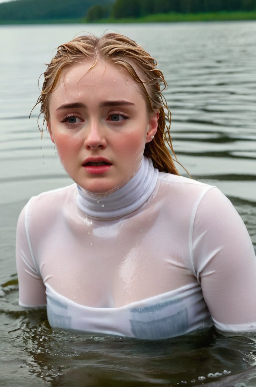 Kathryn Newton, emerging from the water. Her head and shoulders are visible above the surface of water. She looks scared and sad, her white turtleneck top wet and clinging to her, with water droplets sparkling around her. She is gasping for air. She is in the middle of a cold lake and splashes from her emergence, fully drenched, dripping wet, wet hair, face wet, face drenched