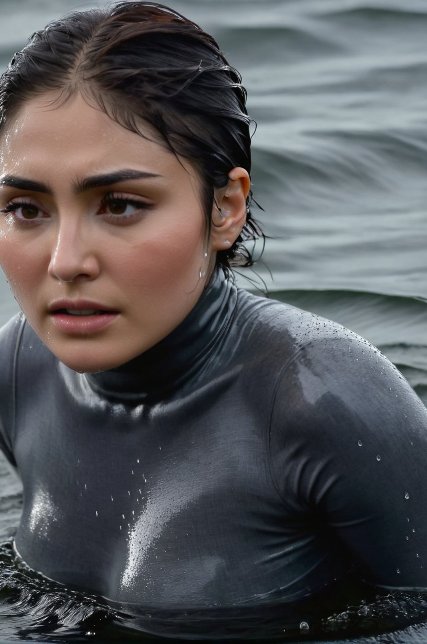 Daniella Pineda, emerging from the water. Her head and shoulders are visible above the surface of water. She looks scared and sad, her dark grey turtleneck top wet and clinging to her, with water droplets sparkling around her. She is in the middle of a cold ocean and splashes from her emergence. 