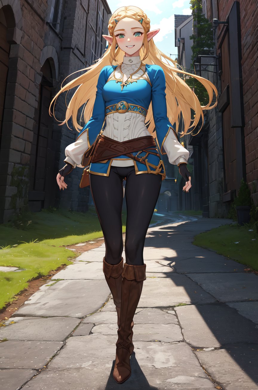 aazelda, super long hair, hair cascading to the thighs, square haircut, pointy ears, blue shirt, long sleeves, fingerless gloves, black gloves, black pants, tight pants, blue nails, looking at the camera smile, blushing, high boots, full body picture 