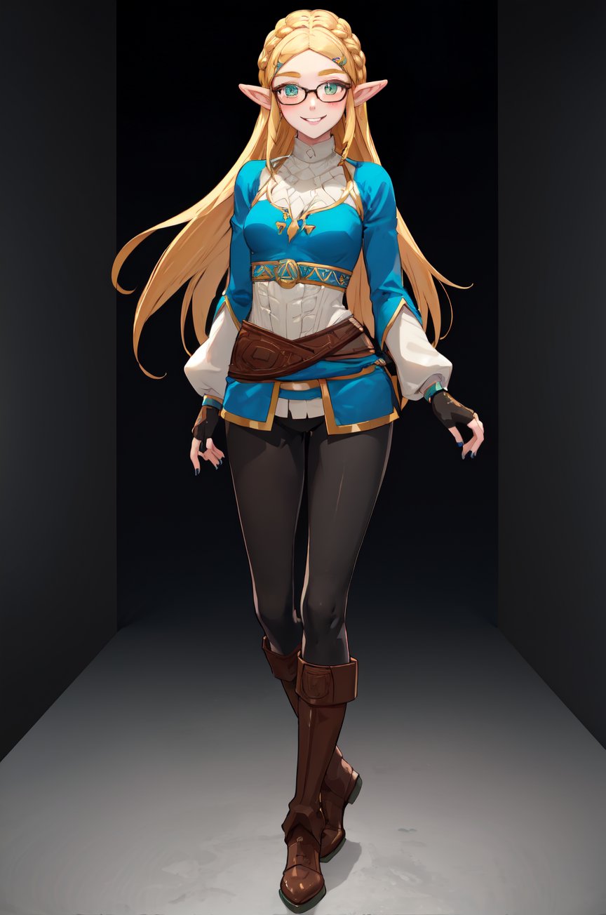 aazelda, super long hair, hair cascading to the waist, square haircut, pointy ears, blue shirt, long sleeves, fingerless gloves, black gloves, black pants, tight pants, blue nails, looking at the camera smile, blushing, black clear-rimmed glasses, high boots, full body picture 