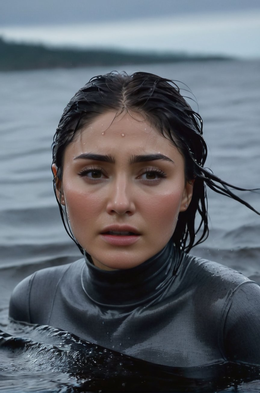 Daniella Pineda, emerging from the water. Her head and shoulders are visible above the surface of water. She looks scared and sad, her dark grey turtleneck top wet and clinging to her, with water droplets sparkling around her. She is in the middle of a cold ocean and splashes from her emergence, fully drenched, dripping wet, wet hair, face wet, face drenched