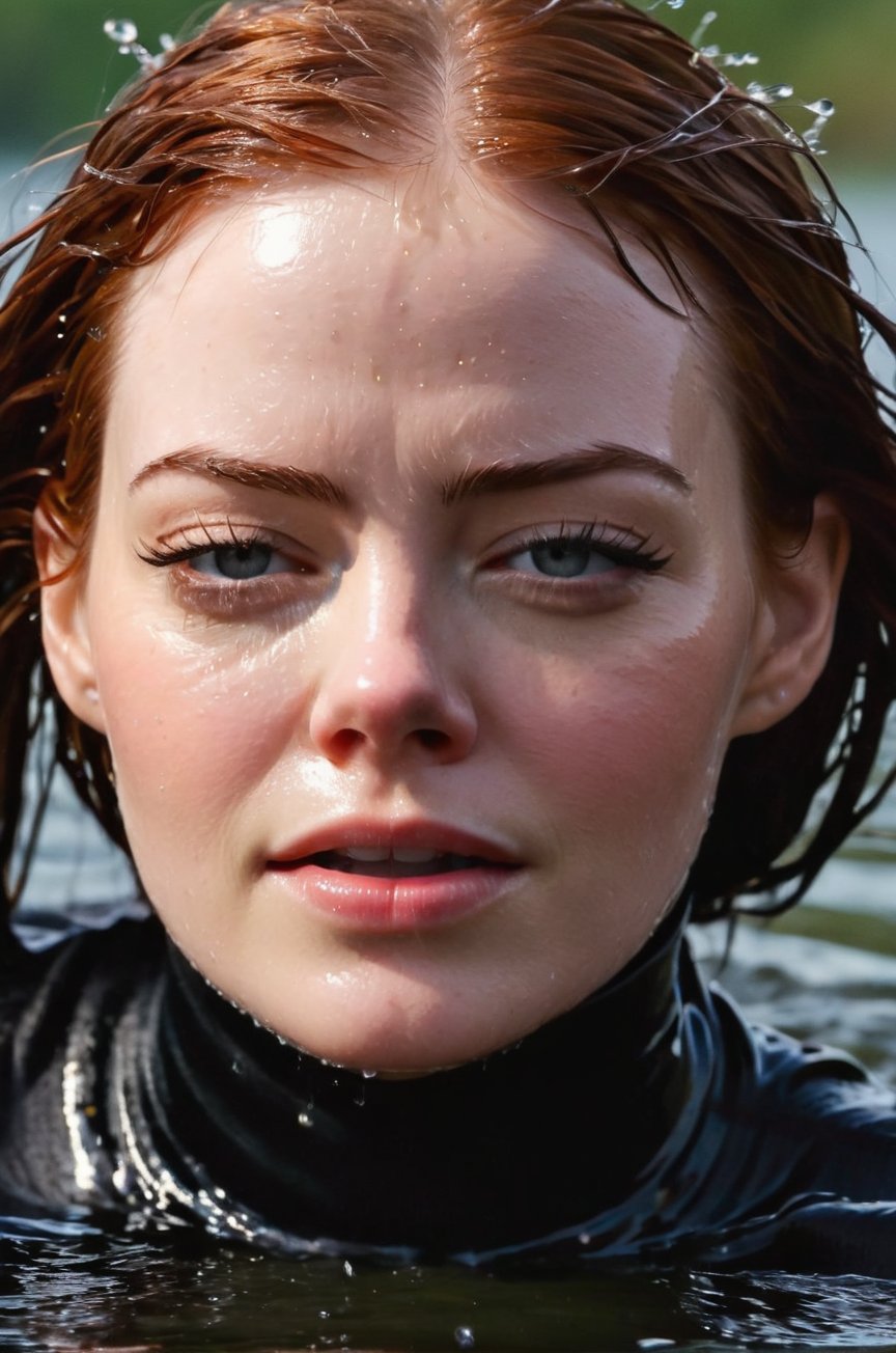 Emma Stone, emerging from the water. Her head and shoulders are visible above the surface of water. She looks scared and hopeless, her black turtleneck top wet and clinging to her, with water droplets sparkling around her. She is gasping for air. She is in the middle of a cold ocean and splashes from her emergence, fully drenched, dripping wet, wet hair, face wet, face drenched