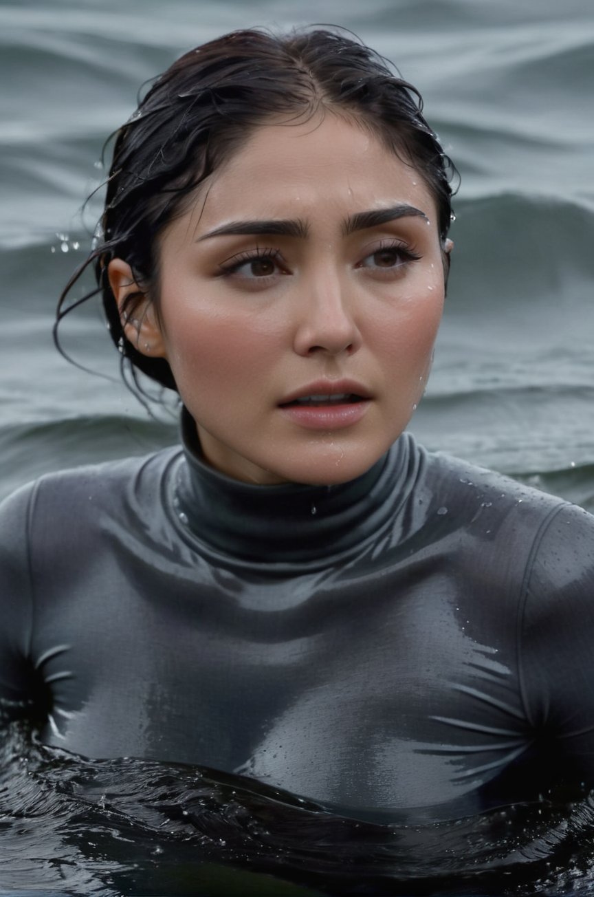 Daniella Pineda, emerging from the water. Her head and shoulders are visible above the surface of water. She looks scared and sad, her dark grey turtleneck top wet and clinging to her, with water droplets sparkling around her. She is in the middle of a cold ocean and splashes from her emergence. 