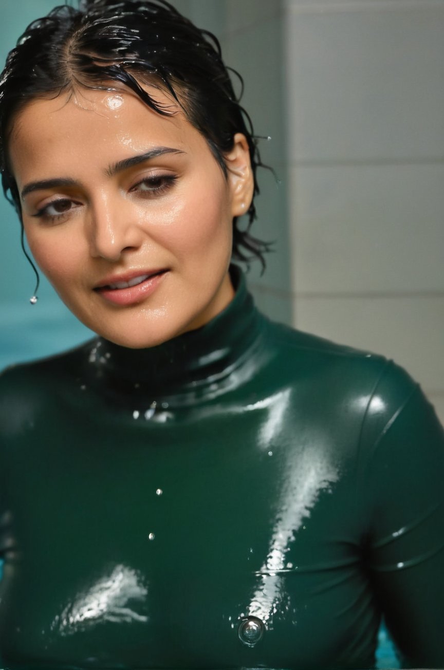 Najat Vallaud-Belkacem, emerging from the water. Her head and shoulders are visible above the surface of water. She looks surprised but smiling, her dark green turtleneck top wet and clinging to her, with water droplets sparkling around her. She is in the middle of an indoor pool and splashes from her emergence, fully drenched, dripping wet, wet hair, face wet, face drenched