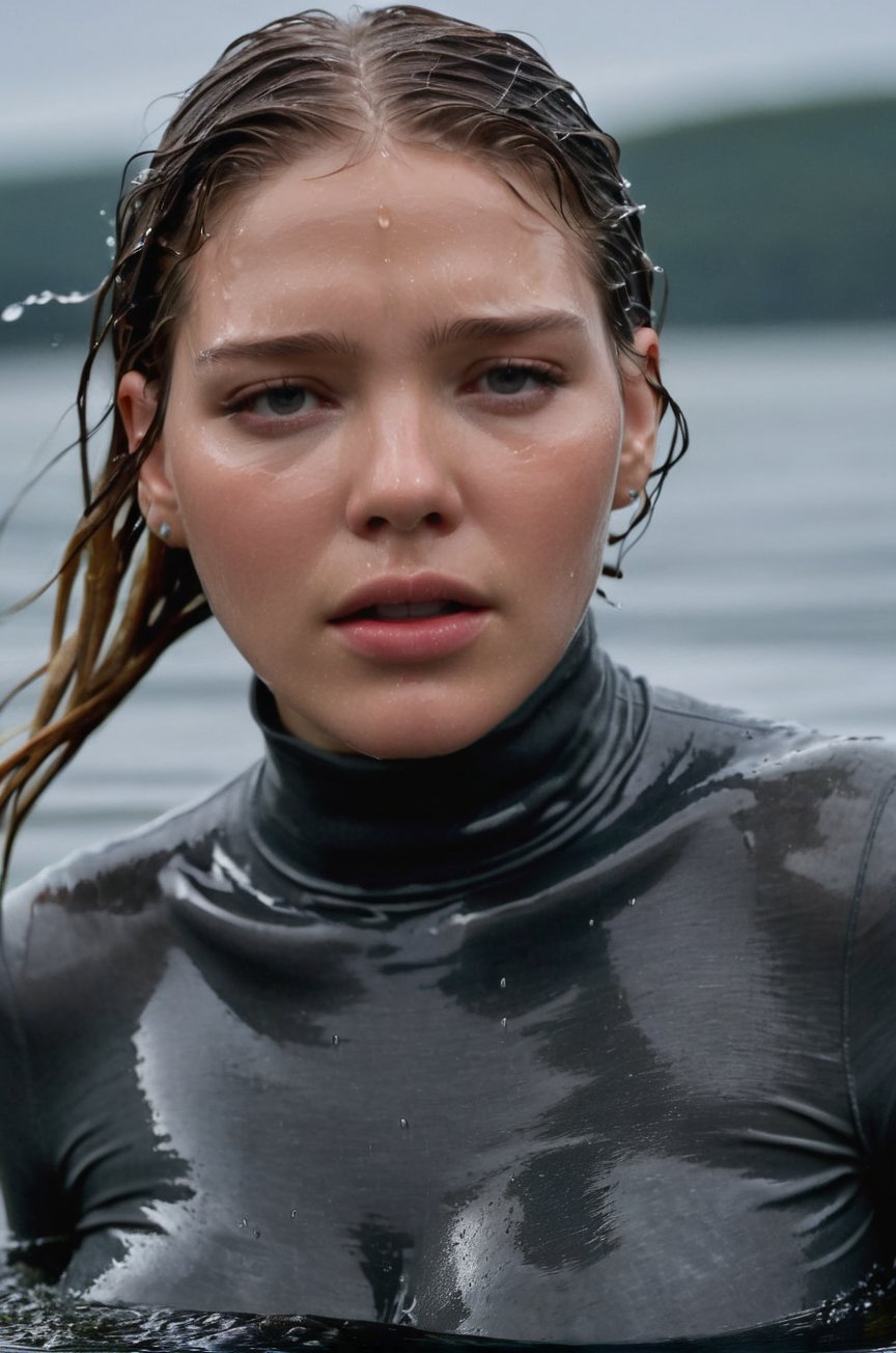 Léa Seydoux, emerging from the water. Her head and shoulders are visible above the surface of water. She looks scared and sad, her dark grey turtleneck top wet and clinging to her, with water droplets sparkling around her. She is gasping for air. She is in the middle of a cold ocean and splashes from her emergence, fully drenched, dripping wet, wet hair, face wet, face drenched