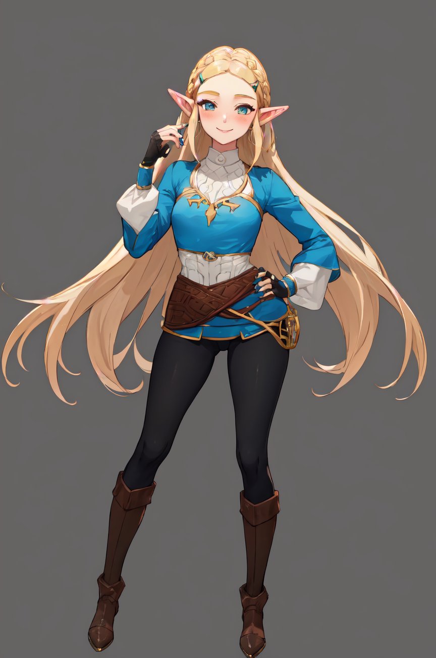 aazelda, super long hair, hair cascading to the thighs, square haircut, pointy ears, blue shirt, long sleeves, fingerless gloves, black gloves, black pants, tight pants, blue nails, looking at the camera smile, blushing, high boots, full body picture 