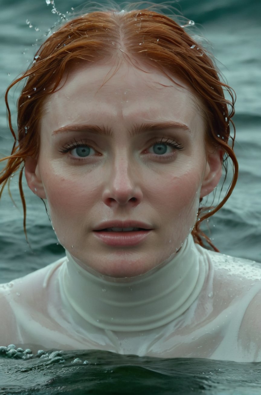 Bryce Dallas Howard, emerging from the water. Her head and shoulders are visible above the surface of water. She looks scared and sad, her white turtleneck top wet and clinging to her, with water droplets sparkling around her. She is in the middle of a cold ocean and splashes from her emergence. 