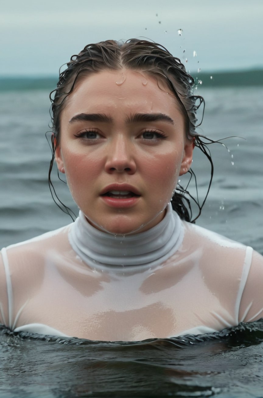 Florence Pugh, emerging from the water. Her head and shoulders are visible above the surface of water. She looks panicked and disoriented, her white turtleneck top wet and clinging to her, with water droplets sparkling around her. She is screaming for help. She is in the middle of a cold ocean and splashes from her emergence, fully drenched, dripping wet, wet hair, face wet, face drenched, ultra detailed face. 