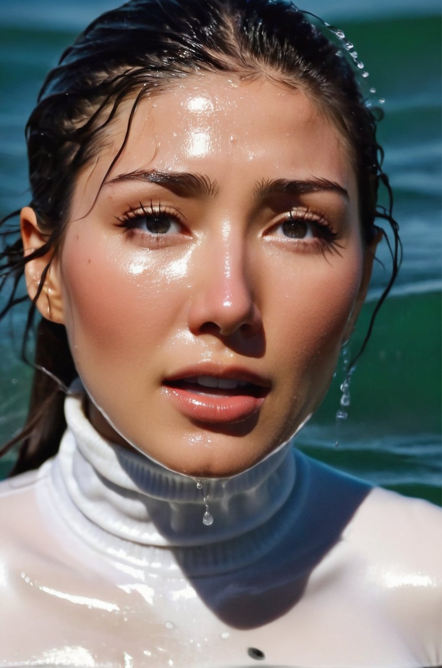 Dichen Lachman, emerging from the water. Her head and shoulders are visible above the surface of water. She looks panicked and disoriented, her white turtleneck top wet and clinging to her, with water droplets sparkling around her. She is screaming for help. She is in the middle of a cold ocean and splashes from her emergence, fully drenched, dripping wet, wet hair, face wet, face drenched, ultra detailed face. 