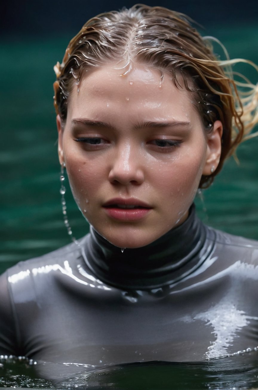 Léa Seydoux, emerging from the water. Her head and shoulders are visible above the surface of water. She looks scared and sad, her dark grey turtleneck top wet and clinging to her, with water droplets sparkling around her. She is gasping for air. She is in the middle of a cold ocean and splashes from her emergence, fully drenched, dripping wet, wet hair, face wet, face drenched