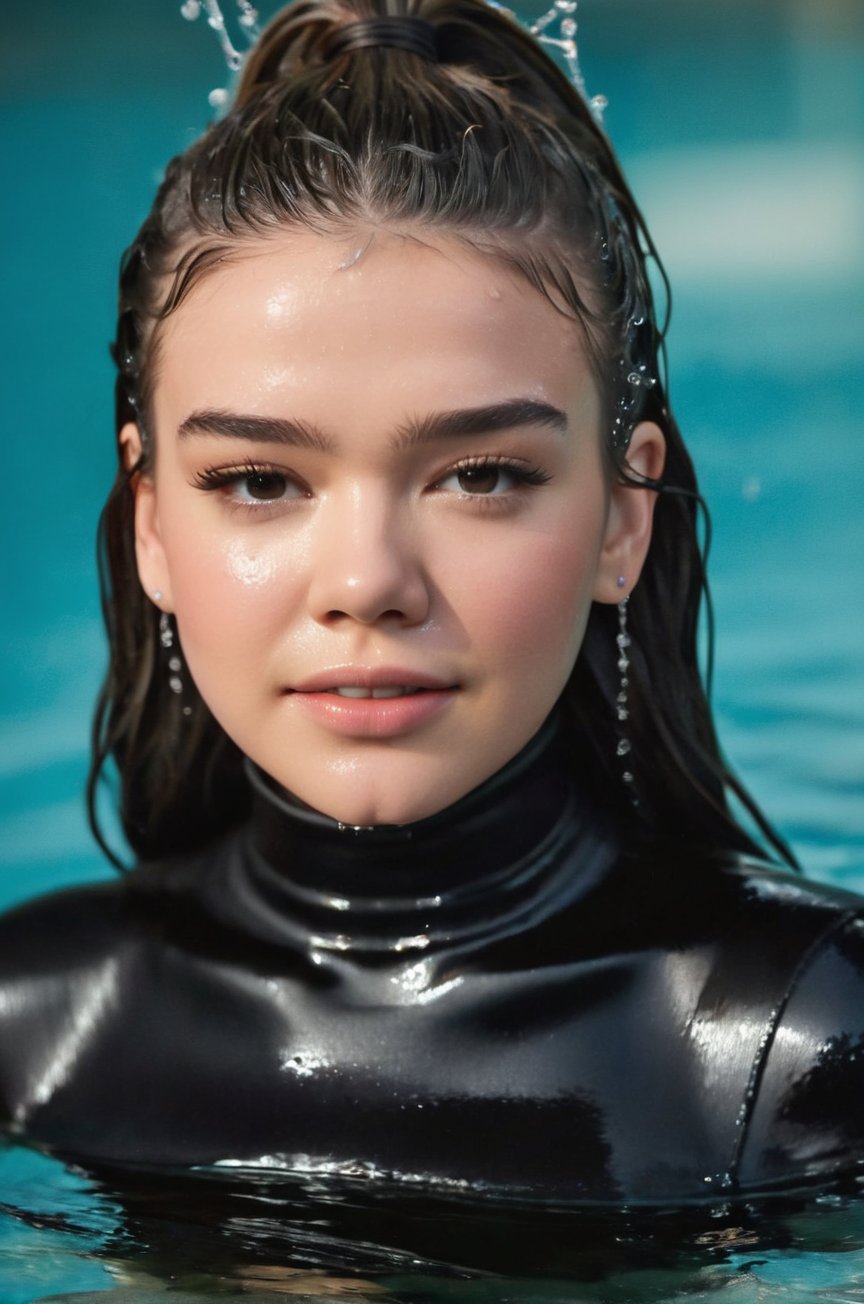 Hailee Steinfeld, emerging from the water. Her head and shoulders are visible above the surface of water. She looks surprised but smiling, her black turtleneck top wet and clinging to her, with water droplets sparkling around her. She is in the middle of an indoor pool and splashes from her emergence, fully drenched, dripping wet, wet hair, face wet, face drenched