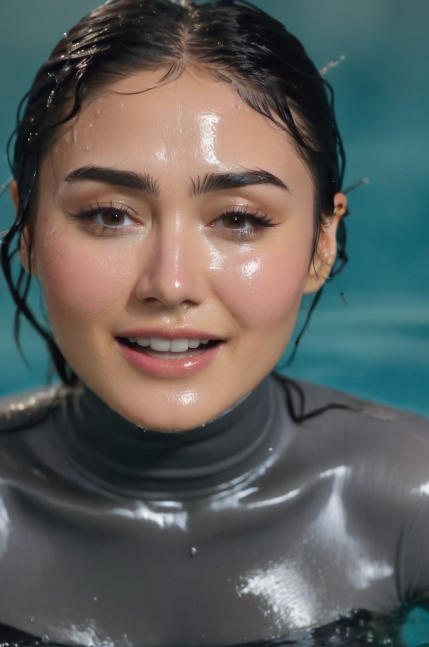 Daniella Pineda, emerging from the water. Her head and shoulders are visible above the surface of water. She looks surprised but laughing, her dark grey turtleneck top wet and clinging to her, with water droplets sparkling around her. She is in the middle of an indoor pool and splashes from her emergence, fully drenched, dripping wet, wet hair, face wet, face drenched