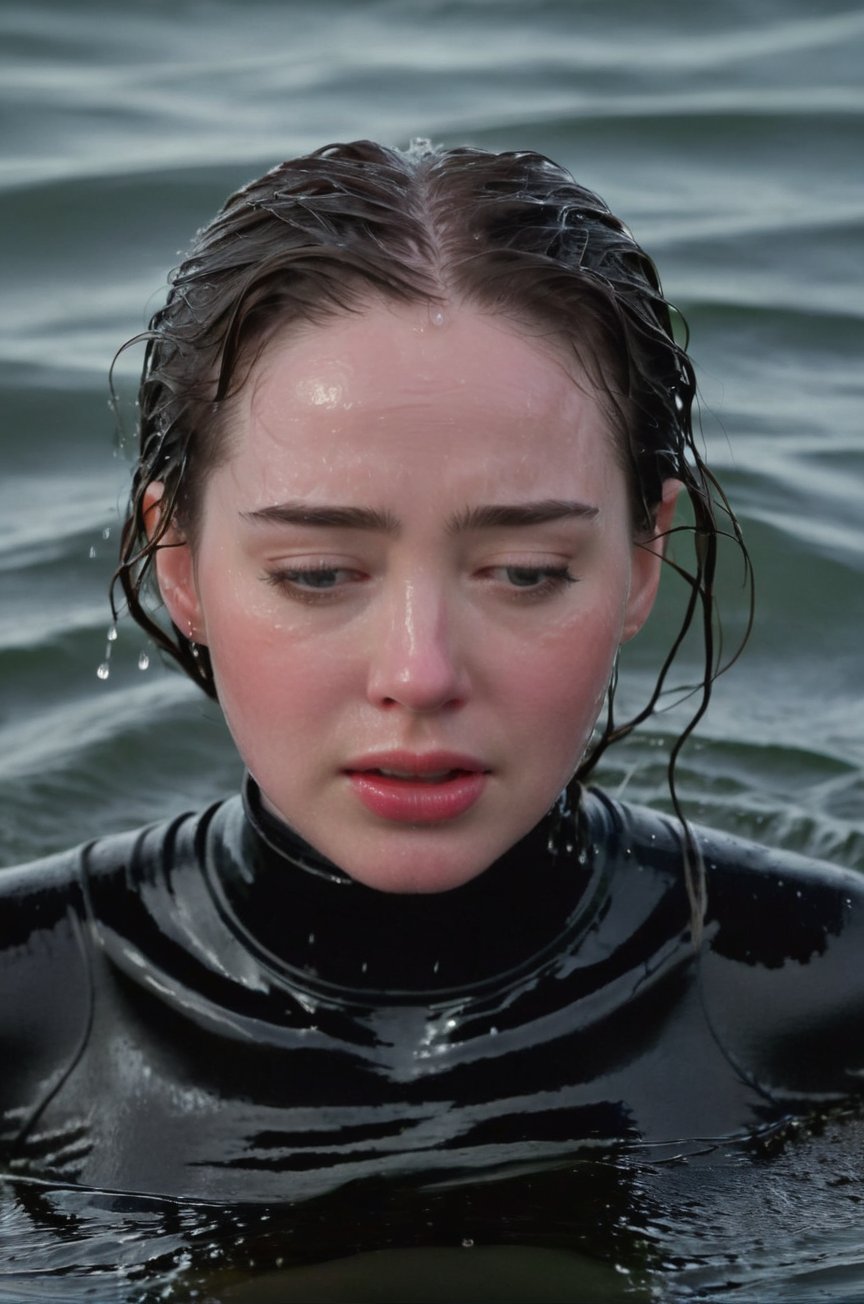 Anna Popplewell, emerging from the water. Her head and shoulders are visible above the surface of water. She looks scared and sad, her black turtleneck top wet and clinging to her, with water droplets sparkling around her. She is gasping for air. She is in the middle of a cold ocean and splashes from her emergence, fully drenched, dripping wet, wet hair, face wet, face drenched