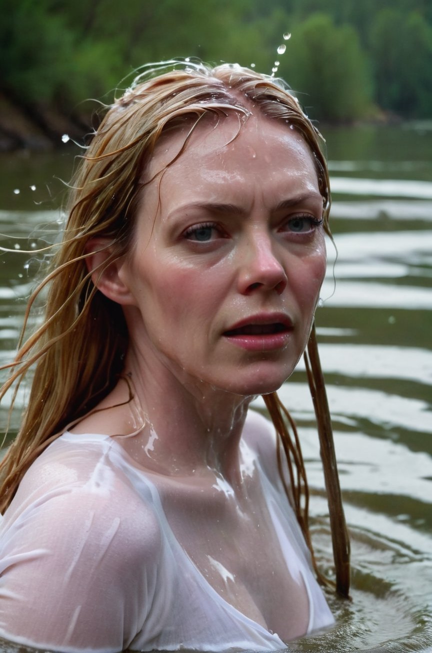 Riki Lindhome, emerging from the water. Her head and shoulders are visible above the surface of water. She looks scared and hopeless, her white shirt wet and clinging to her, with water droplets sparkling around her. She is gasping for air. She is in the middle of a cold river and splashes from her emergence, fully drenched, dripping wet, wet hair, face wet, face drenched