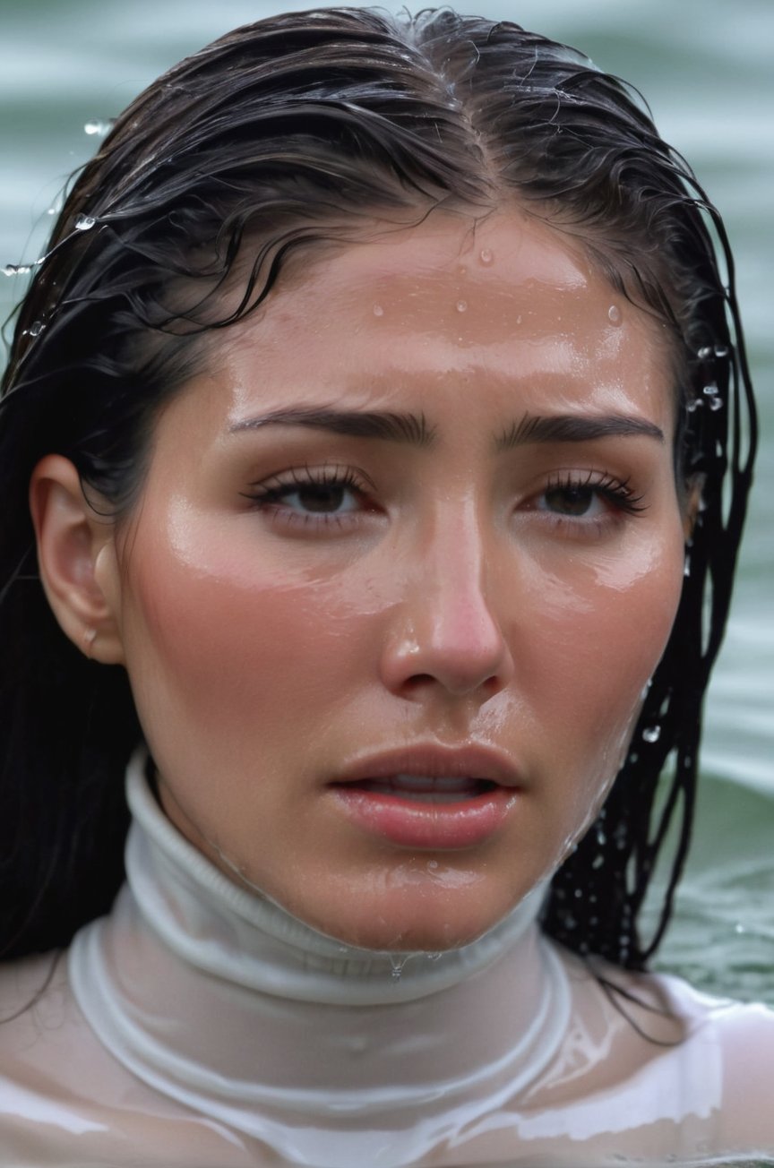 Dichen Lachman, emerging from the water. Her head and shoulders are visible above the surface of water. She looks scared and sad, her white turtleneck top wet and clinging to her, with water droplets sparkling around her. She is gasping for air. She is in the middle of a cold ocean and splashes from her emergence, fully drenched, dripping wet, wet hair, face wet, face drenched