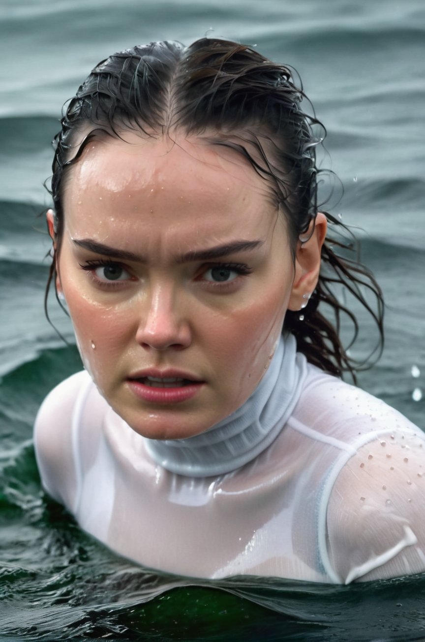 Daisy Ridley, emerging from the water. Her head and shoulders are visible above the surface of water. She looks scared and sad, her white turtleneck top wet and clinging to her, with water droplets sparkling around her. She is in the middle of a cold ocean and splashes from her emergence. 