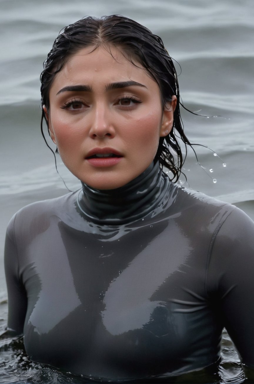 Daniella Pineda, emerging from the water. Her head and shoulders are visible above the surface of water. She looks scared and sad, her dark grey turtleneck top wet and clinging to her, with water droplets sparkling around her. She is gasping for air. She is in the middle of a cold ocean and splashes from her emergence, fully drenched, dripping wet, wet hair, face wet, face drenched