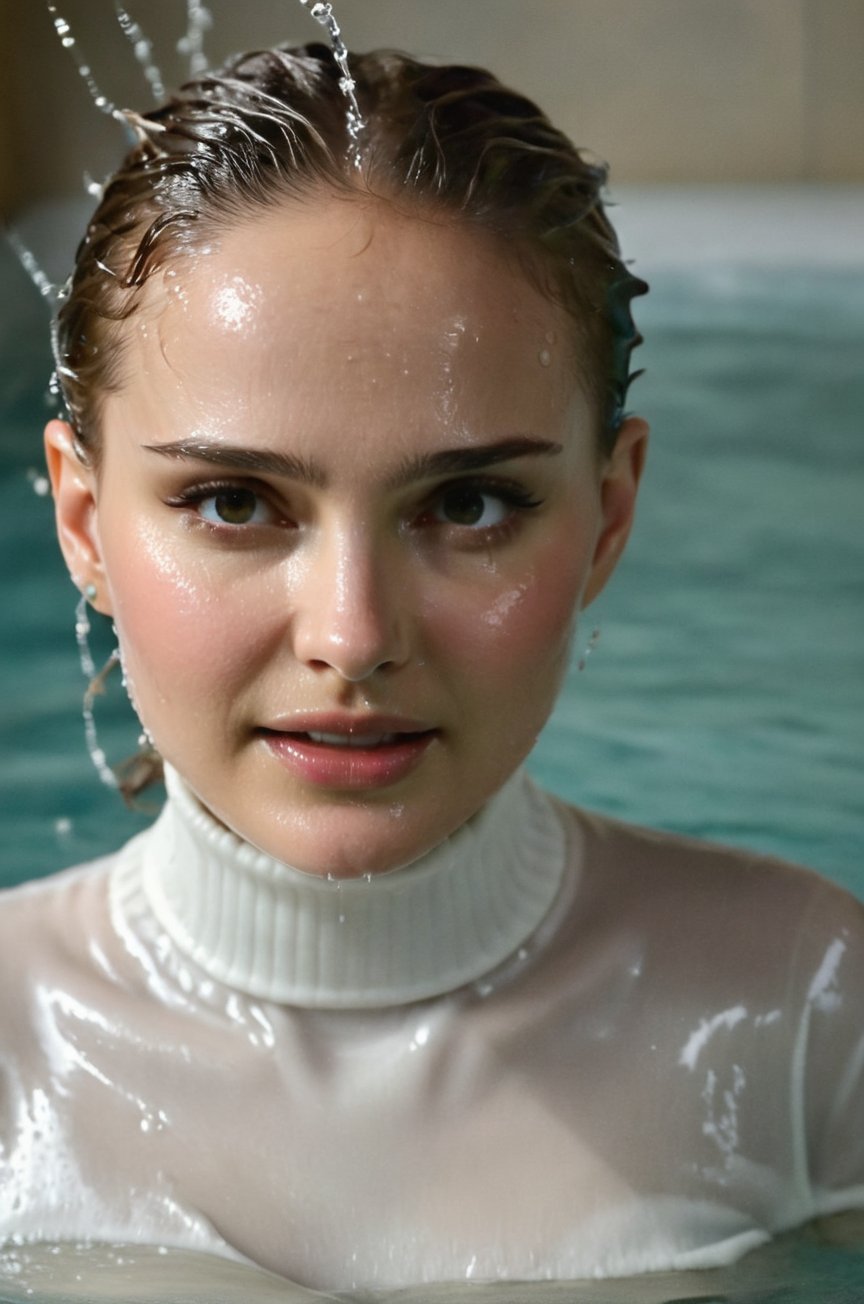 Natalie Portman, emerging from the water. Her head and shoulders are visible above the surface of water. She looks surprised but smiling, her white turtleneck top wet and clinging to her, with water droplets sparkling around her. She is in the middle of an indoor pool and splashes from her emergence, fully drenched, dripping wet, wet hair, face wet, face drenched