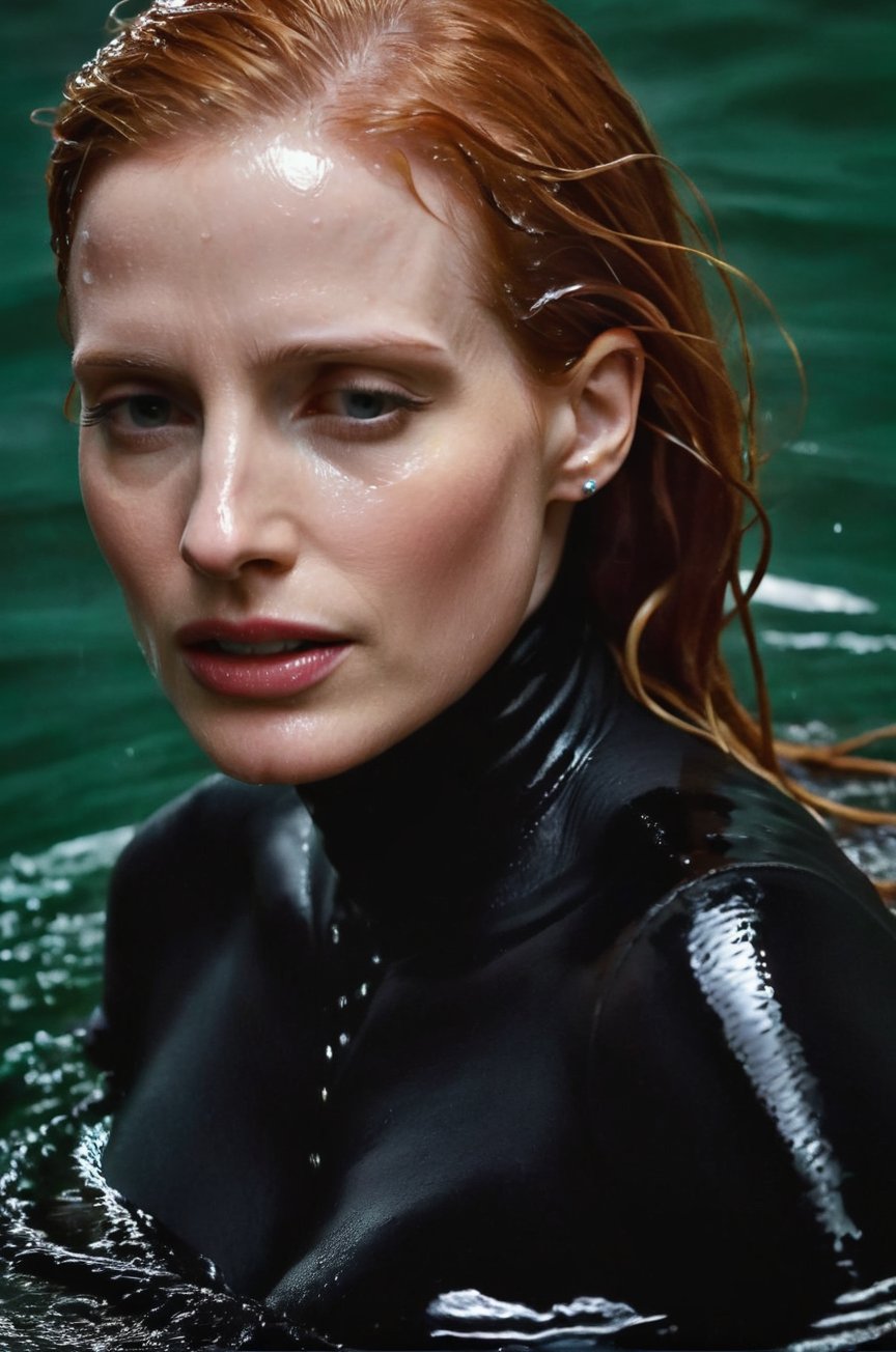 Jessica Chastain, emerging from the water. Her head and shoulders are visible above the surface of water. She looks scared and hopeless, her black turtleneck top wet and clinging to her, with water droplets sparkling around her. She is gasping for air. She is in the middle of a cold ocean and splashes from her emergence, fully drenched, dripping wet, wet hair, face wet, face drenched