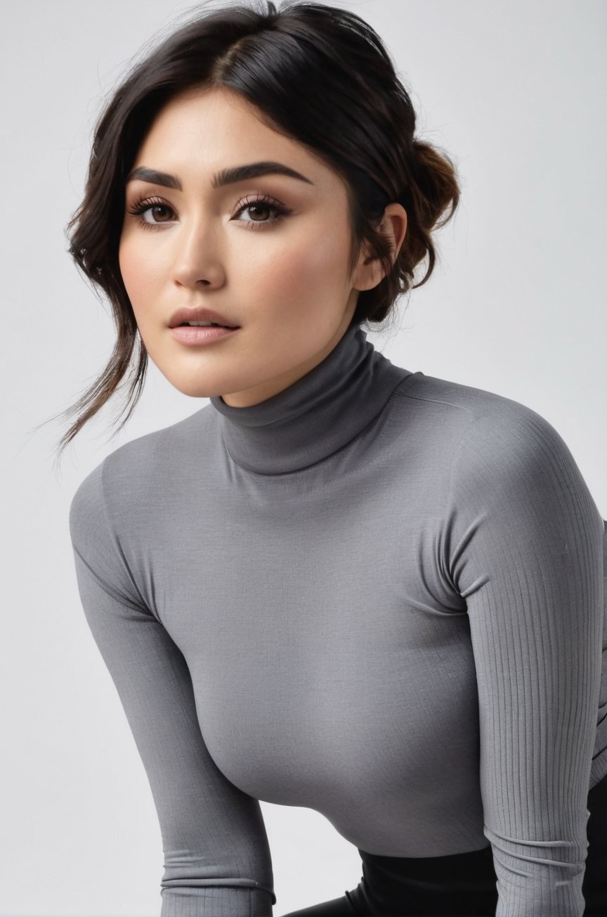 Daniella Pineda, posing for a photoshooting, wearing a grey ribbed turtleneck long sleeve tight top and a black sport legging, mid calf boots, model body posture, sexy facial expression 